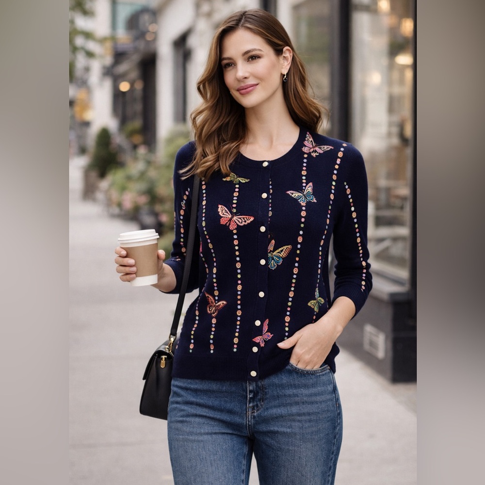 Viviani Collection Cashmere Wool Butterfly Embroidered Cardigan Navy Blue Size M - Picture 3 of 7